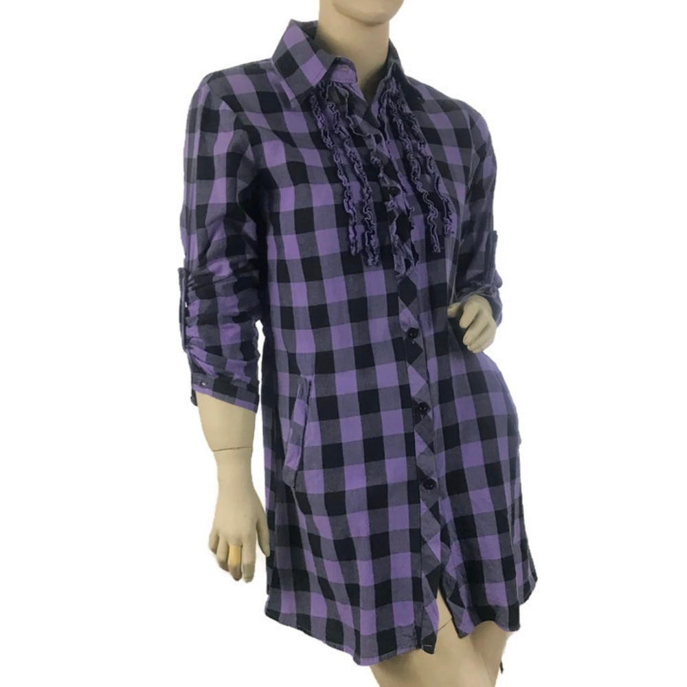 BB JEANS Women's Size Med Button Up 3/4 Sleeves Collared with Ruffles Top Shirt